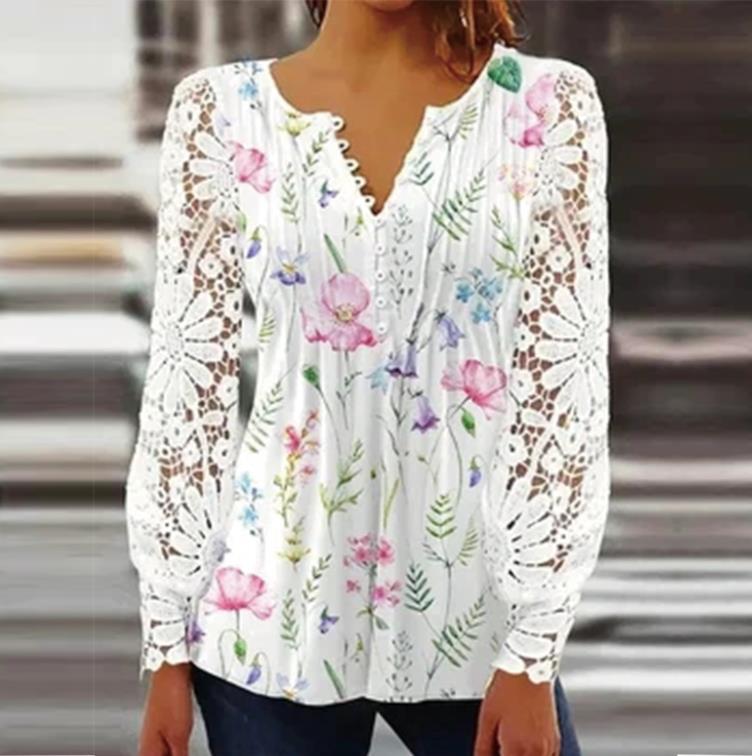 Damen Floral Viskosemischung Bluse mit Häkelärmel und V-Ausschnitt Drune