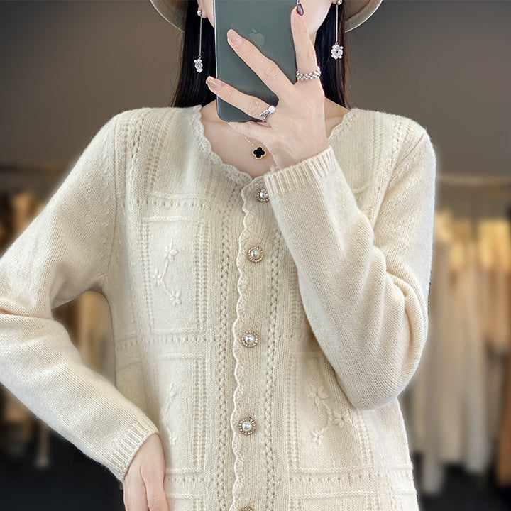 Damen Verzierter Strickcardigan mit Perlenknöpfen und Ajour‑Stickerei Drune