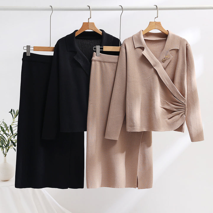 Damen elegantes Strickensemble mit Wickeloberteil und raffinierter hoher Taillierung Drune