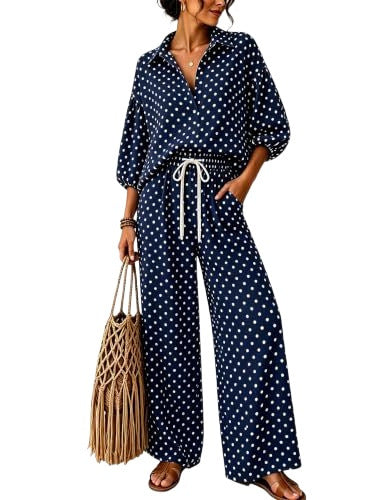 Damen Gepunktetes Zweiteiliges Lounge-Set mit Hemdblusen-Oberteil und Kordelzug-Weitbundhose Drune