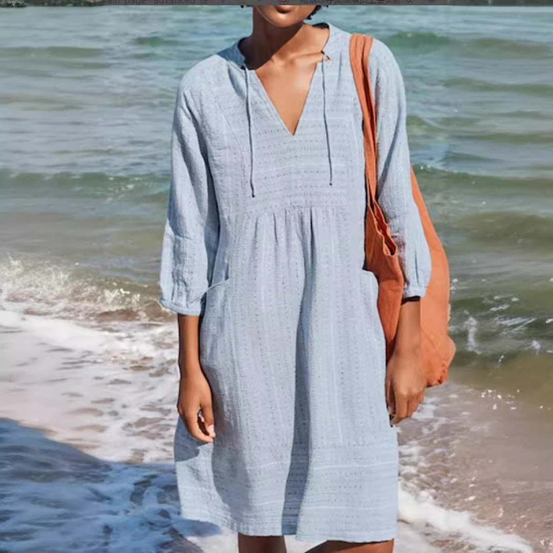 Damen lässiges Sommerkleid mit Kapuze und Taschen Drune