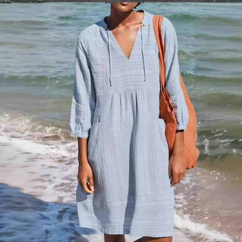 Damen lässiges Sommerkleid mit Kapuze und Taschen Drune