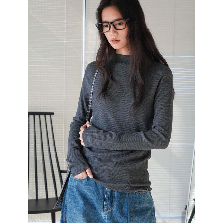 Damen Feiner Rippstrick-Pullover mit Stehkragen und Daumenlöchern Drune