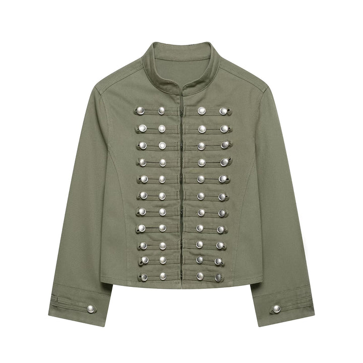 Damen Taillierte Denim‑Blazerjacke im militärisch inspirierten Marschallstil mit Zierknopfleiste Drune
