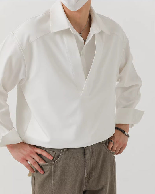 Herren Hemd-Pullover im Oversize-Schnitt mit tiefem V-Ausschnitt und klassischem Kragen Drune
