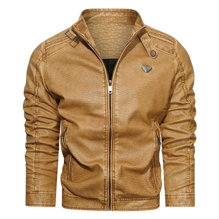 Herren Kunstlederjacke im Vintage-Denim-Look mit gerafften Ärmeln und Stehkragen Drune