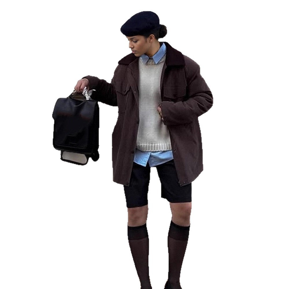 Damen Boxy-Utility-Kurzmantel mit kontrastkragen und aufgesetzten Pattentaschen Drune