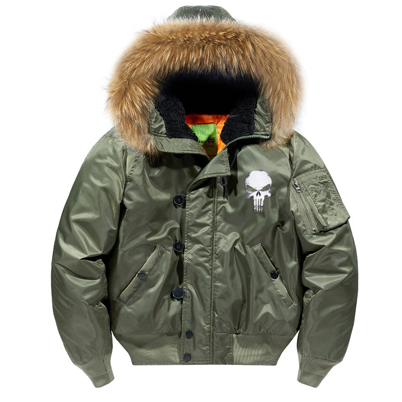 Herren -isolierte Kapuzen-Bomberjacke mit Kunstfellbesatz und Schädel-Brustgrafik Drune
