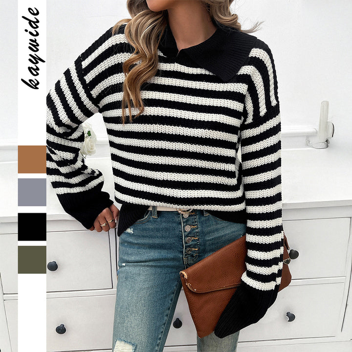 Damen nan gestreifter Polokragen-Strickpullover mit weitem Saum und ausgestellten Bündchen Drune