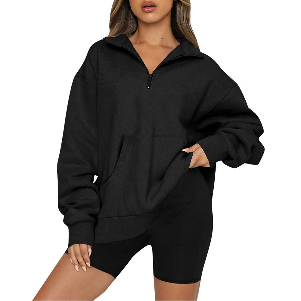 Damen nan Oversize-Halbzip-Kapuzenpullover mit Kängurutasche und verlängertem Saum Drune