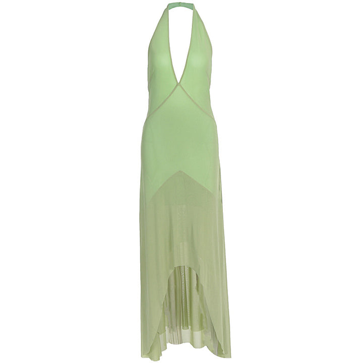 Damen elegantes Maxikleid mit tiefem V-Ausschnitt und transparentem Überwurf Drune
