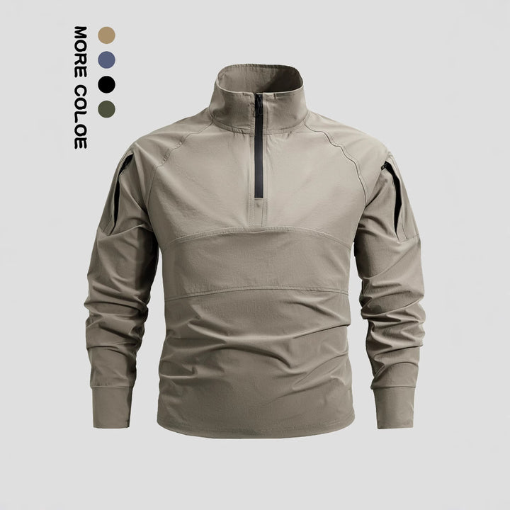 Herren nan taktisches Halfzip-Outdoorpullover mit hohem Stehkragen, verdecktem Reißverschluss und Ärmeltaschen Drune