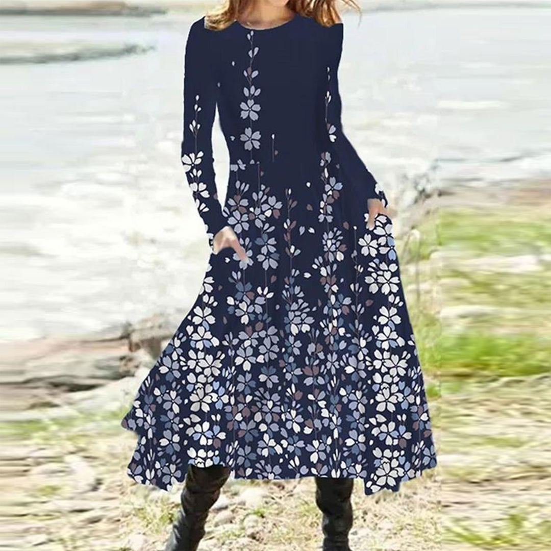 Damen nan fließendes Maxikleid mit Batikkreis-Muster, Rundhalsausschnitt, Taillennaht und Eingrifftaschen Drune