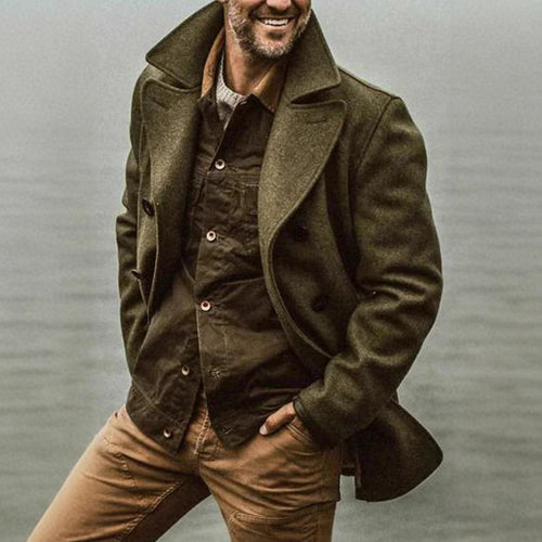 Herren Doppelreihiger Wollmantel im Peacoat-Stil mit breitem Revers Drune