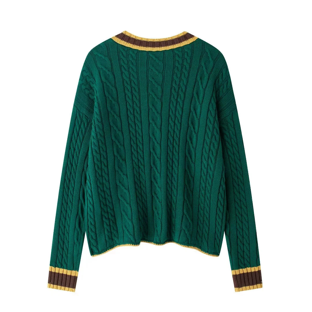 Damen nan Zopfmuster-Cardigan mit V-Ausschnitt, aufgesetzten Taschen und Kontrastkanten Drune