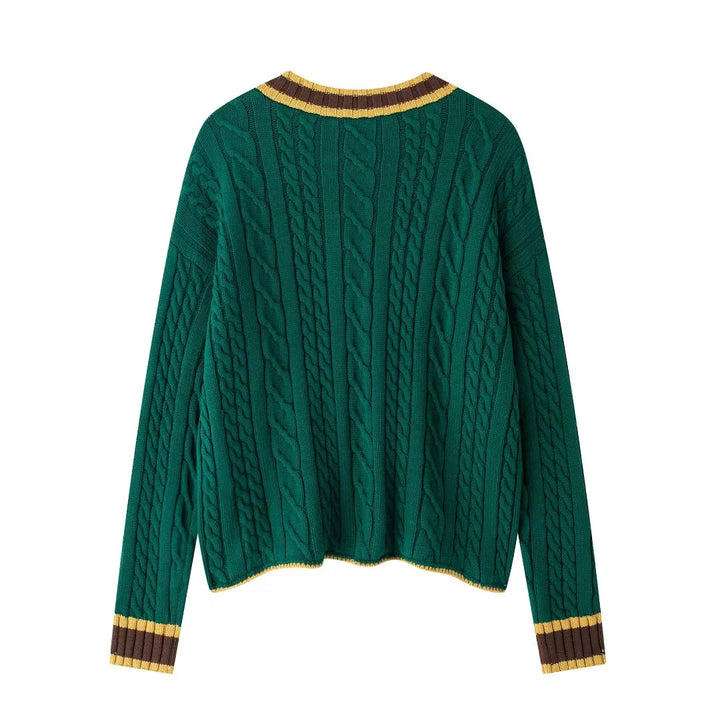 Damen nan Zopfmuster-Cardigan mit V-Ausschnitt, aufgesetzten Taschen und Kontrastkanten Drune