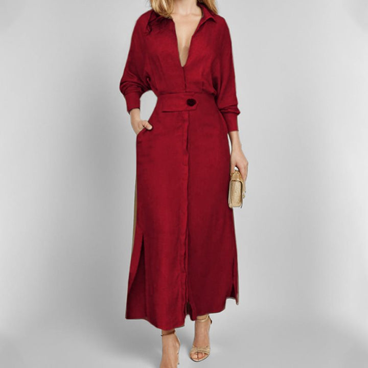 Damen stilvolles Maxikleid mit Hemdkragen und seitlichen Schlitzdetails Drune