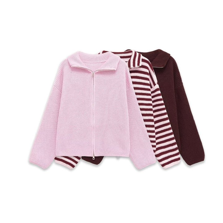 Damen Gestreifte Strick‑Zipjacke im Cropped‑Boxy‑Schnitt mit Hemdkragen Drune