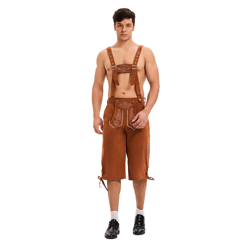 Herren nan knielange traditionelle Lederhose mit besticktem Brustlatz und verstellbaren Trägern Drune