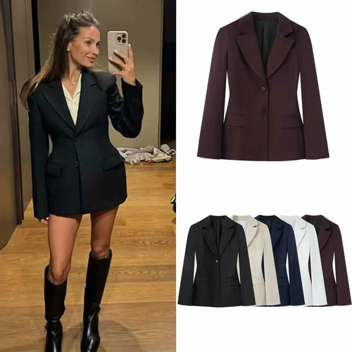 Damen nan schlanker Business-Blazer mit taillierter Schnittführung, fallendem Revers und Pattentaschen Drune