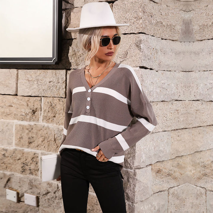 Damen Oversize V-Ausschnitt Strickpullover mit Knopfleiste und Blockstreifen Drune