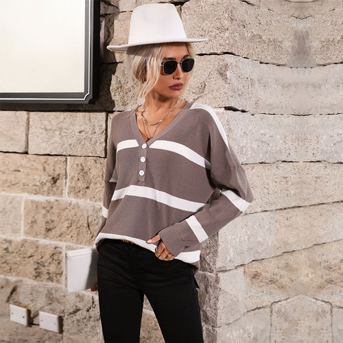 Damen Oversize V-Ausschnitt Strickpullover mit Knopfleiste und Blockstreifen Drune