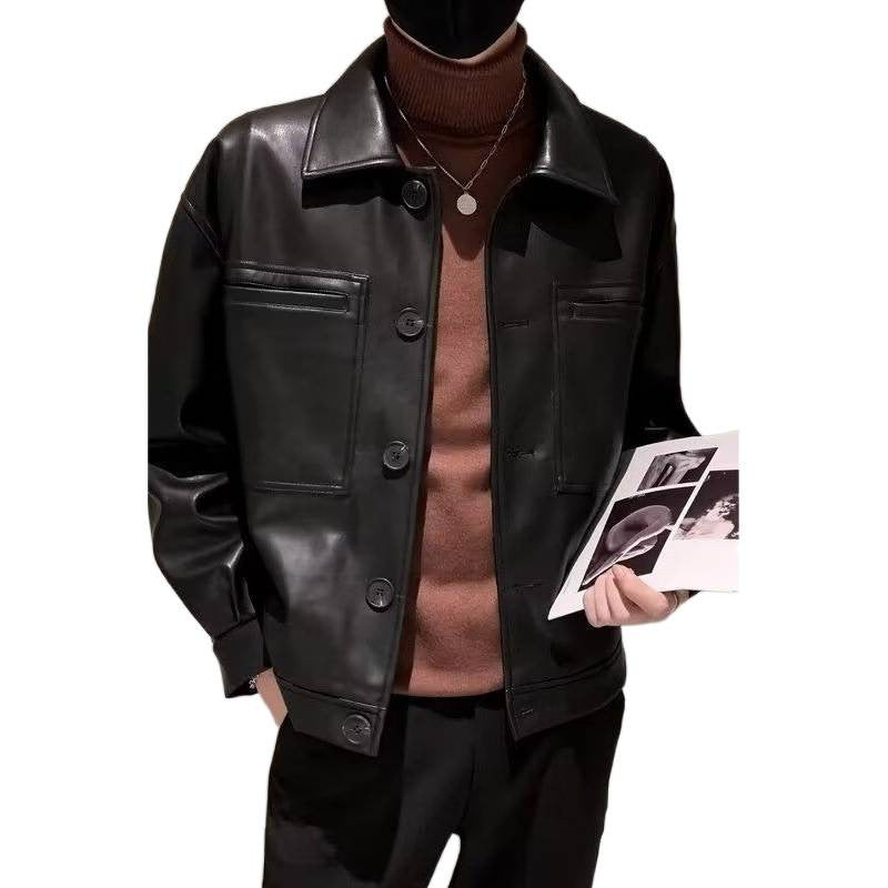 Herren Boxy Overshirt aus Lederoptik mit Hemdkragen und aufgesetzten Brusttaschen Drune