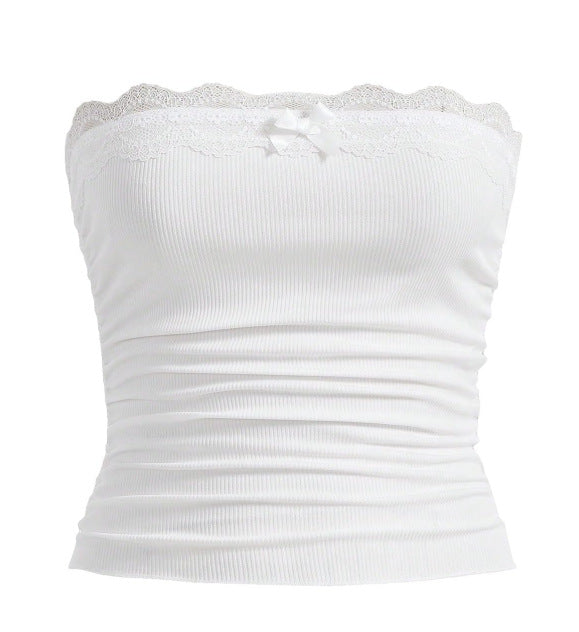 Damen Bandeau-Oberteil mit Spitzenbesatz und figurbetontem Schnitt Drune