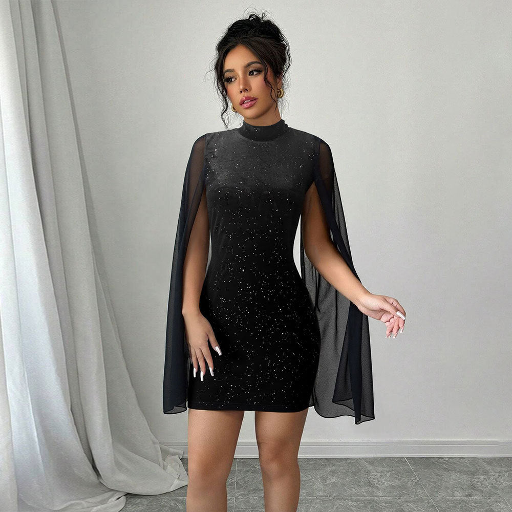Damen figurbetontes Minikleid mit fließenden Cape-Ärmeln und funkelnder Punktverzierung Drune