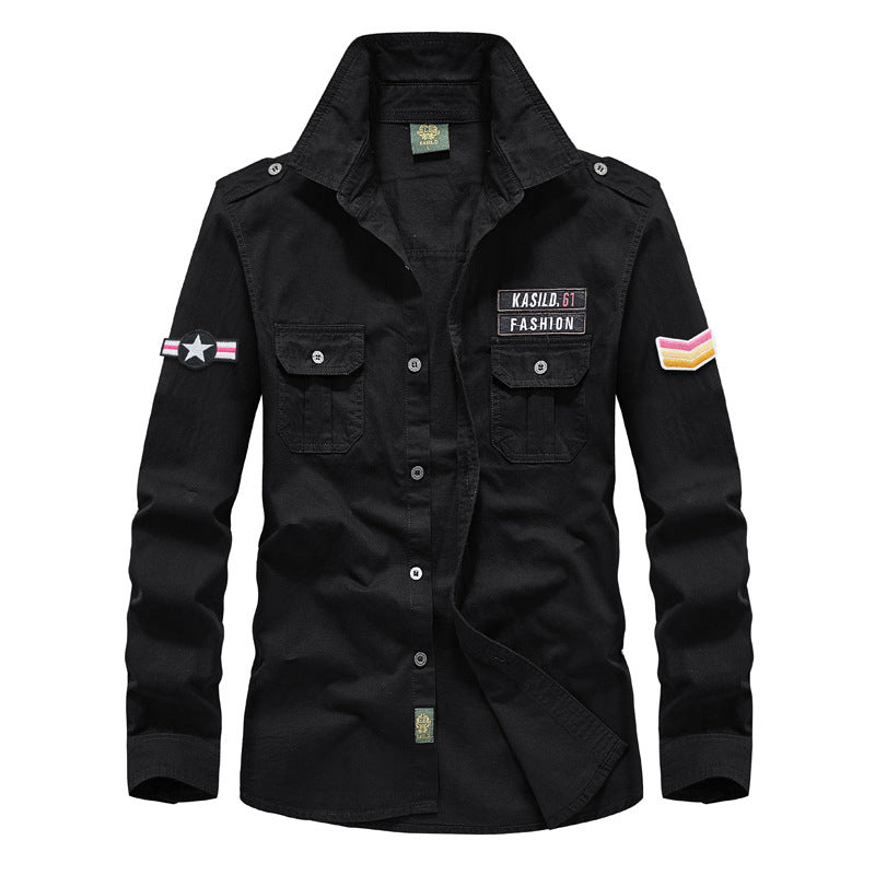 Herren nan militärisches Langarm-Utility-Hemd mit aufgesetzten Brusttaschen, Schulterklappen und dekorativen Stickpatches Drune