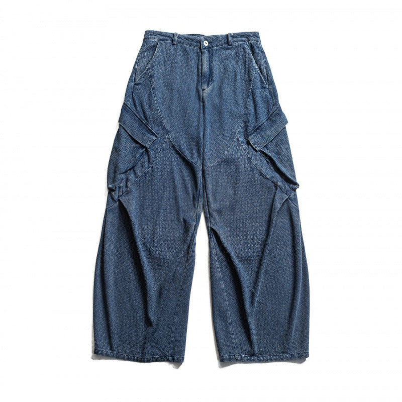 Unisex Weite Cargo-Jeans mit hoher Taille, Panelnähten und aufgesetzten Klappentaschen Drune