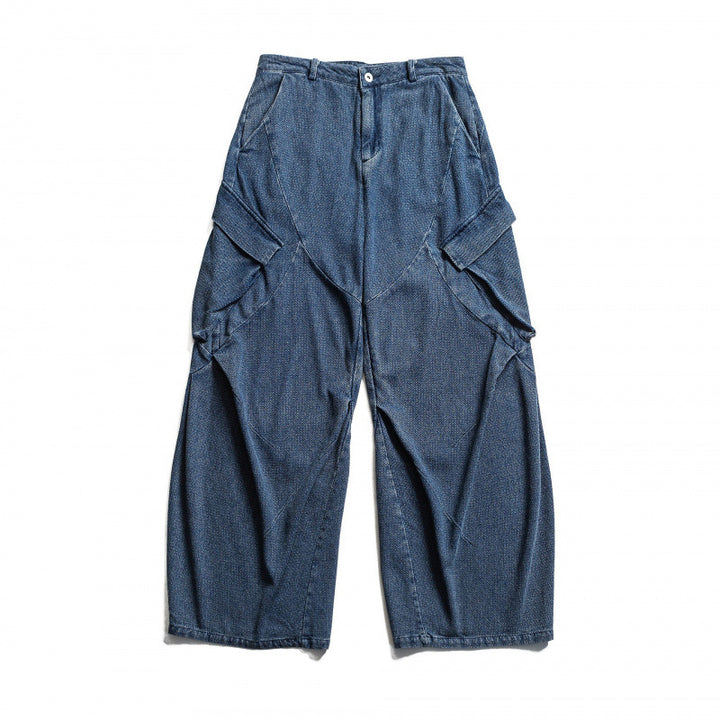 Unisex Weite Cargo-Jeans mit hoher Taille, Panelnähten und aufgesetzten Klappentaschen Drune