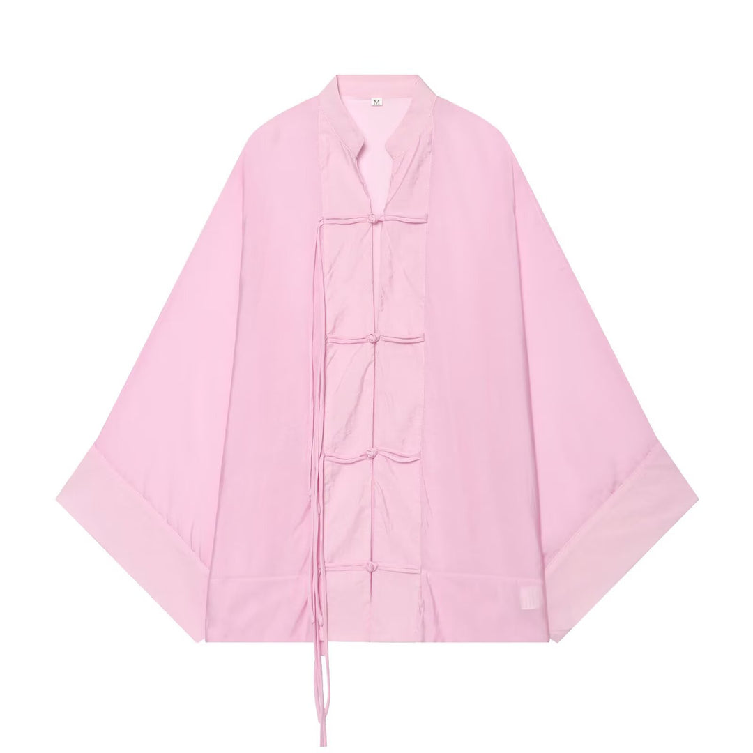 Damen Oversize-Kimonojacke mit dekorativen Knotenverschlüssen und fließender Satinoptik Drune