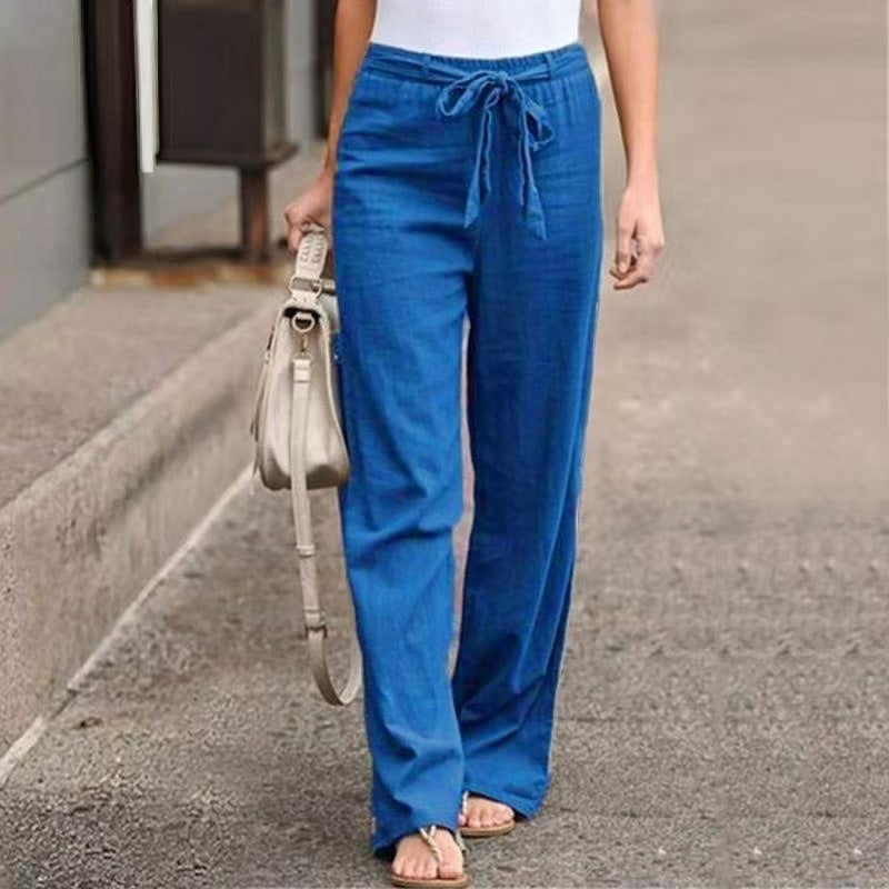 Damen Weite Lounge-Hose mit hohem Gummibund und dekorativem Bindeband Drune