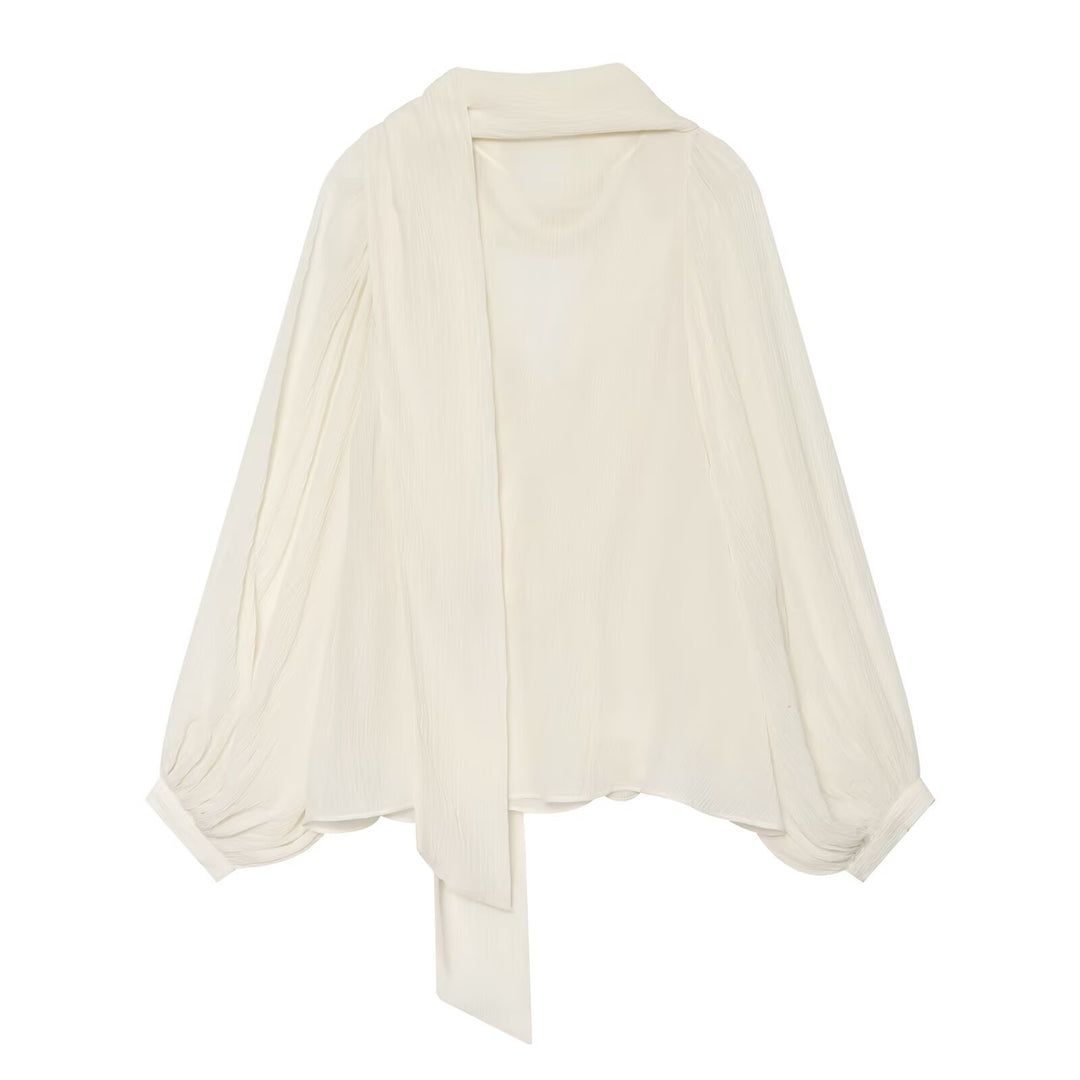 Damen Drapierte Chiffonbluse mit Wasserfall‑Schalkragen und Ballonärmeln Drune
