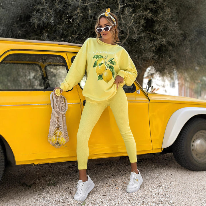 Damen lässiges Sweatshirt-Set mit Zitronenprint und gerippten Leggings Drune