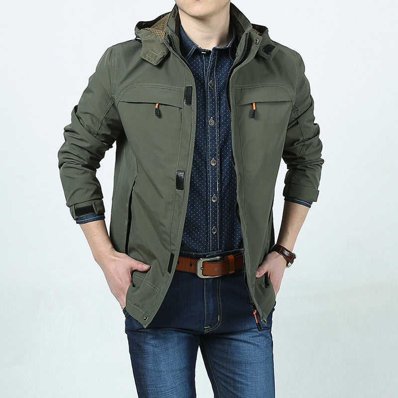 Herren Leichte Kapuzen-Fieldjacke im Urban-Utility-Stil mit Reißverschluss und Multifunktionstaschen Drune