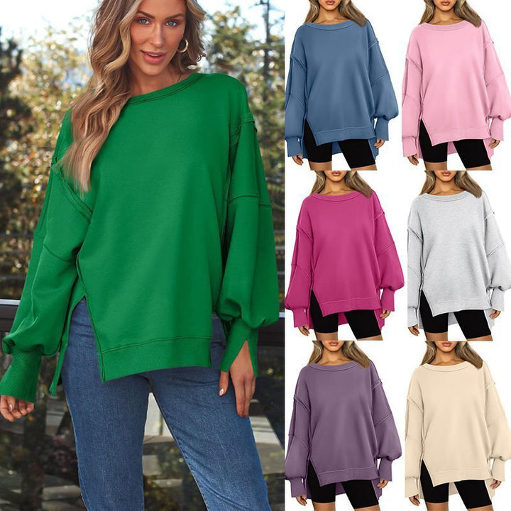 Damen Lässiger Oversize-Sweatshirt mit weitem Kragen und Seitenöffnungen Drune