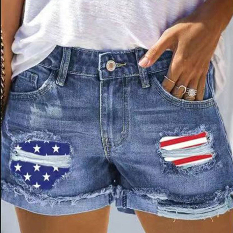 Damen Denim-Shorts mit kreativen Flaggenapplikationen und lässigem Destroyed-Design Drune