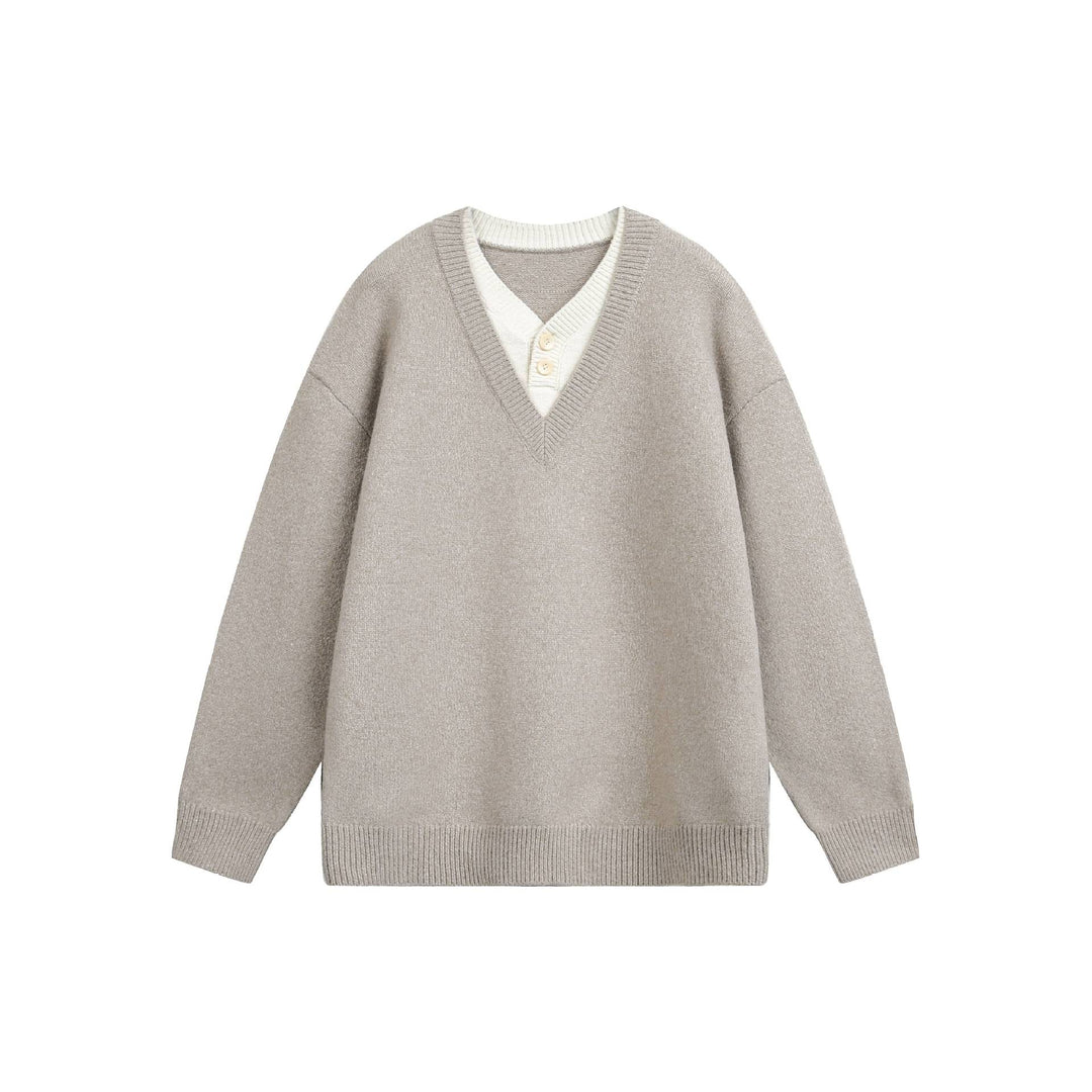 Damen Oversize V Neck Strickpullover mit Henley-Optik und gerippten Bündchen Drune