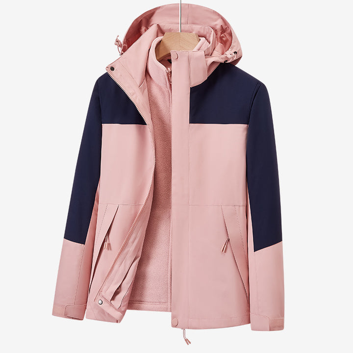 Unisex zweilagige wasserabweisende Outdoorjacke mit Kapuze und Colorblock-Design Drune
