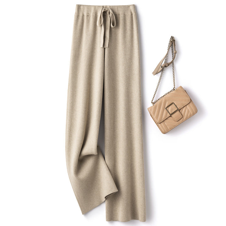 Damen Weite Rippstrick-Hose mit Tunnelzug und fließender Palazzo-Silhouette Drune
