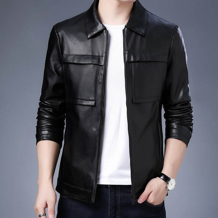Herren Slim‑Fit Lederoptik-Truckerjacke mit Hemdkragen, verdecktem Reißverschluss und Pattentaschen Drune