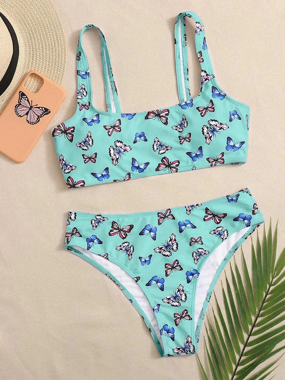 Damen Crop-Bikini-Set mit buntem Schmetterlingsdruck Drune