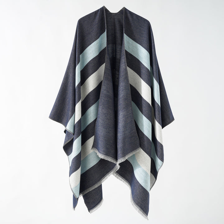 Damen Feiner Wollmix‑Capeüberwurf mit diagonaler Streifenstruktur und Fransensaum Drune