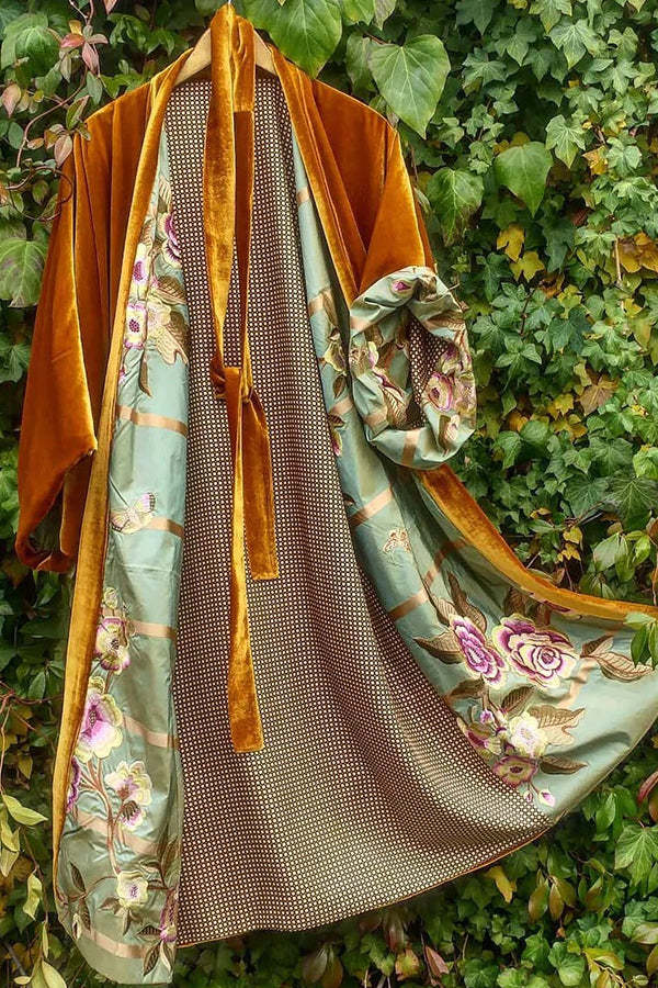 Drune | Satin Digital Floral Taille Gürtel Cardigan Schlafanzug