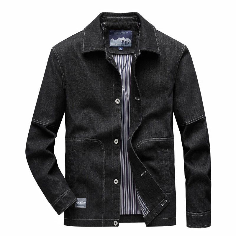 Herren Denim-Workerjacke mit geradem Schnitt, Kontrastnähten & gestreiftem Innenfutter Drune