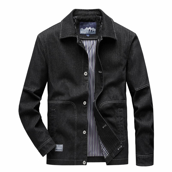 Herren Denim-Workerjacke mit geradem Schnitt, Kontrastnähten & gestreiftem Innenfutter Drune