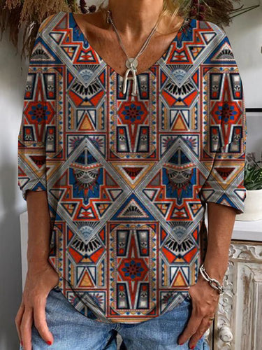 Damen Geometrische Boho-Tunika mit V-Ausschnitt und dreiviertelärmeln Drune