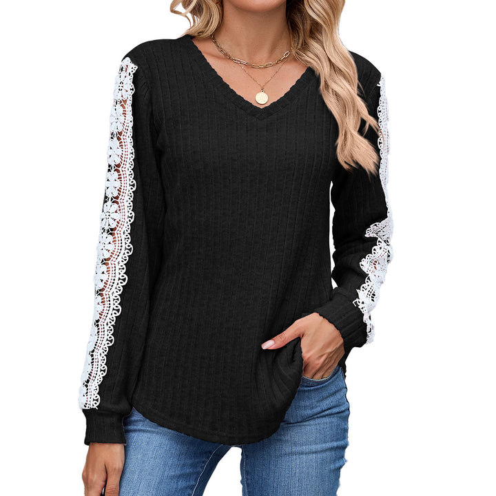 Damen Relaxed Fit V-Ausschnitt Pullover mit Spitzenakzenten Drune